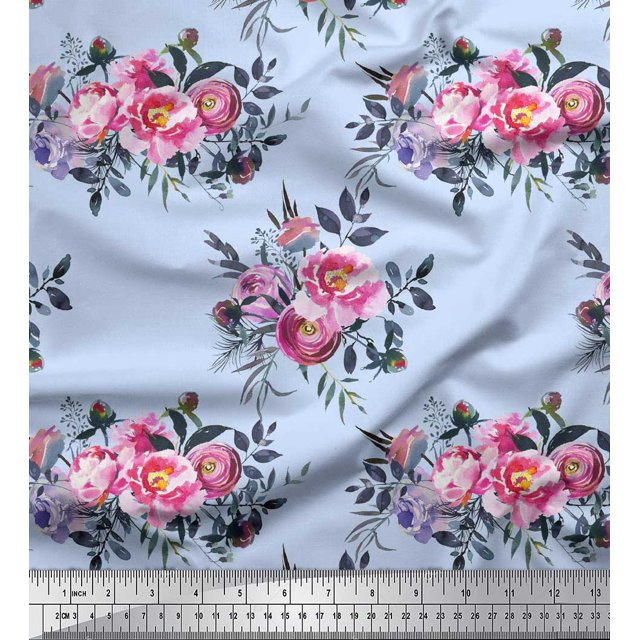 Soimoi Bleu Velours Feuilles & Rose Imprimé Floral Tissu à Coudre BTY 58 Pouces de Large