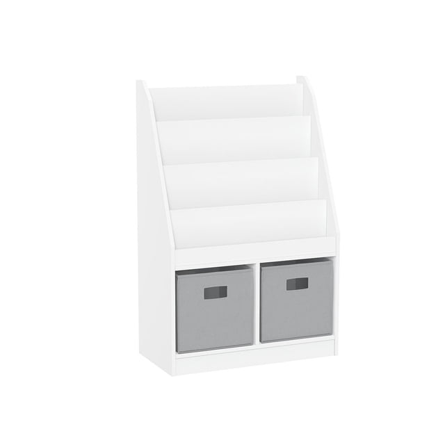 Kids Bookrack with Two Cubbies and 2 Bins in white painted MDF featuring four horizontal book display shelves and two square cubbies with grey fabric bins, designed for children's rooms to organize books, toys, and games with easy access and safety anchor brackets.