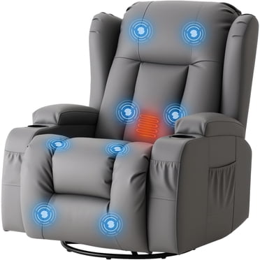 AECOJOY Recliner Chair with Massage and Heat, 360° Swivel Rocking Recliner in Breathable PU Leather with Cup Holders and Side Pocket, Grey