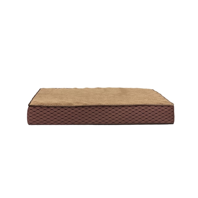 Sleep Zone Bamboo Dog Bed rectangular orthopedic dog bed with 4-inch high density foam infused with bamboo charcoal, featuring a tan machine-washable velour cover and brown honeycomb-patterned sides, designed to regulate moisture, temperature, and odor, with an anti-skid bottom, ideal for dogs of all sizes and ages and often used as a comfortable resting spot for older dogs needing joint support.