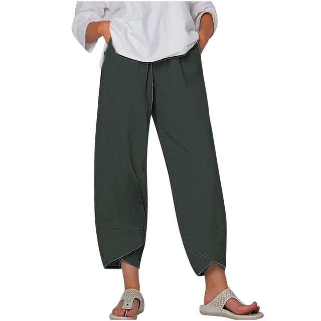 Timegard Plus Size Pants for Women Elastic Waist Solid Color Comfy Fall Casual Crop Pants with Pockets