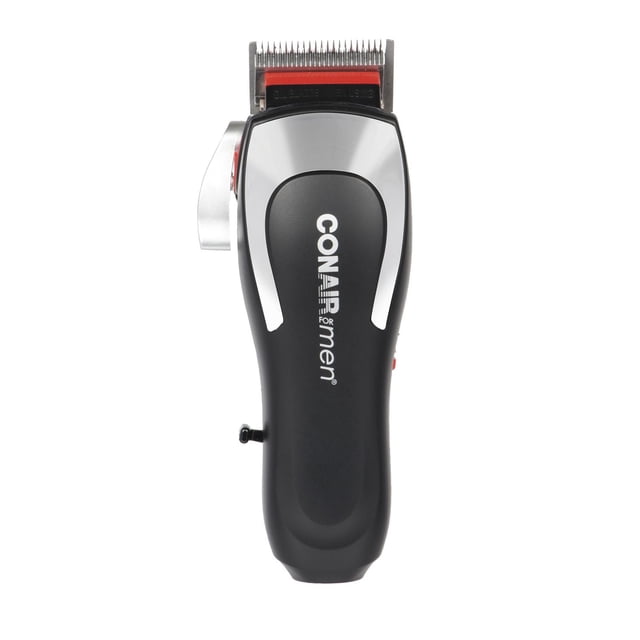 The Barber Shop Pro Series by Conair magnetic motor clipper shown from a top-down view, featuring a black matte body with silver accents and the Conair for men logo, Japanese steel blades, and an adjustable side lever for precise haircuts and fading.