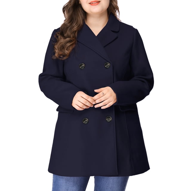 GRACE & GRANDEUR Women's Plus Peacoat Notched Lapel Double Breasted Mid Length Overcoat