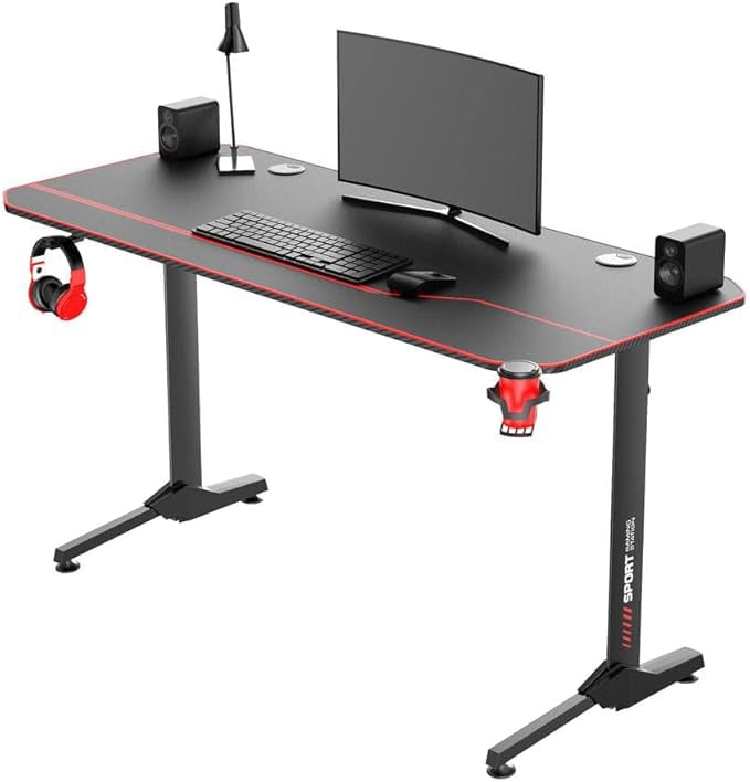 55 inch Ergonomic PC Gaming Computer Desk with Cup Holder and Headphone Hook, T-Shape Writing Table Gamer Desk for Home Office