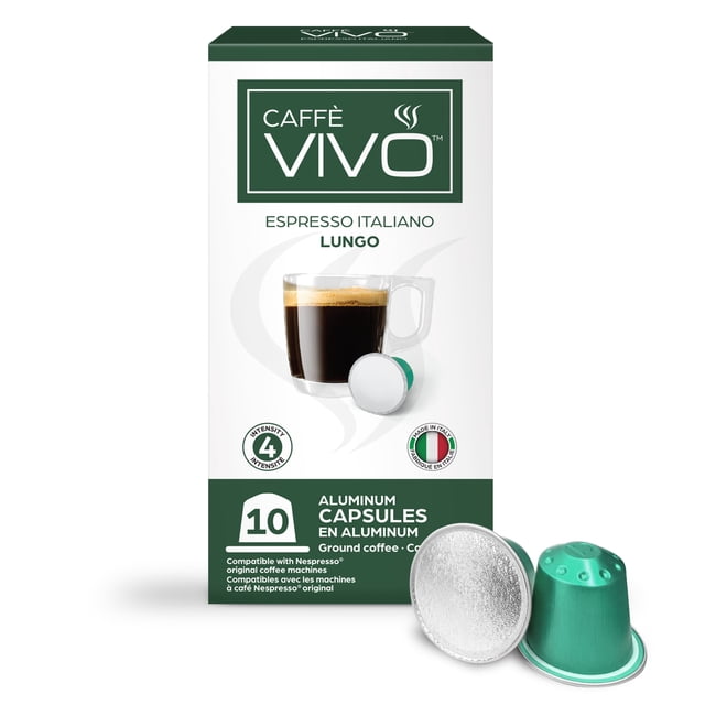 Caffè VIVO Espresso Italiano Lungo 10-pack aluminum capsules compatible with Nespresso machines, featuring a white and green box with a clear glass cup of lungo espresso topped with velvety crema, intensity 4, made in Italy for a smooth, balanced coffee experience.