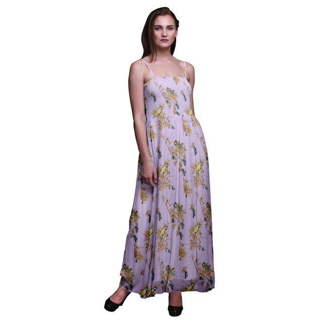 Bimba Robe à Bretelles Smockée en Georgette Imprimée de Baies Noires et de Moineau Jaune pour Femmes - Moyen