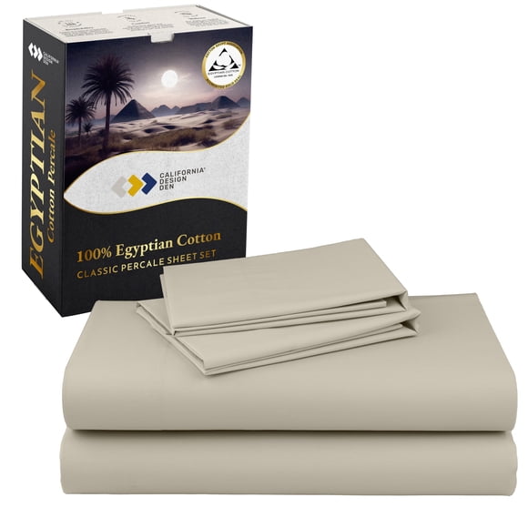 California Design Den Certified 100% Egyptian Cotton Sheets California King Size Set - Lightweight Percale California King Sheet Set with Deep Pockets Cool Crisp & Durable Luxury Bedding Set - Beige
