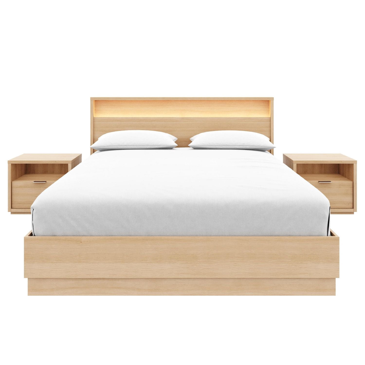 Ensemble de chambre à coucher Harlow 4 pièces avec lit queen size, sommier à lattes, tête de lit avec éclairage intégré et 2 tables de chevet.