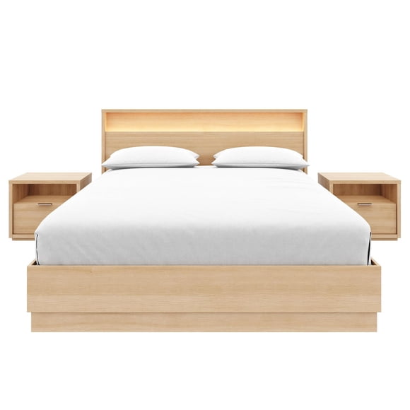 Harlow 4 Piece Queen Size Bedroom Set with Slatted Bedframe, Headboard with Integrated Light, 2 Nightstands