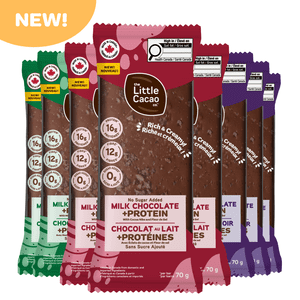 The Little Cacao Co. - Barres de chocolat Pas de sucre ajouté + Protéines + Boîte de variétés de fibres x8