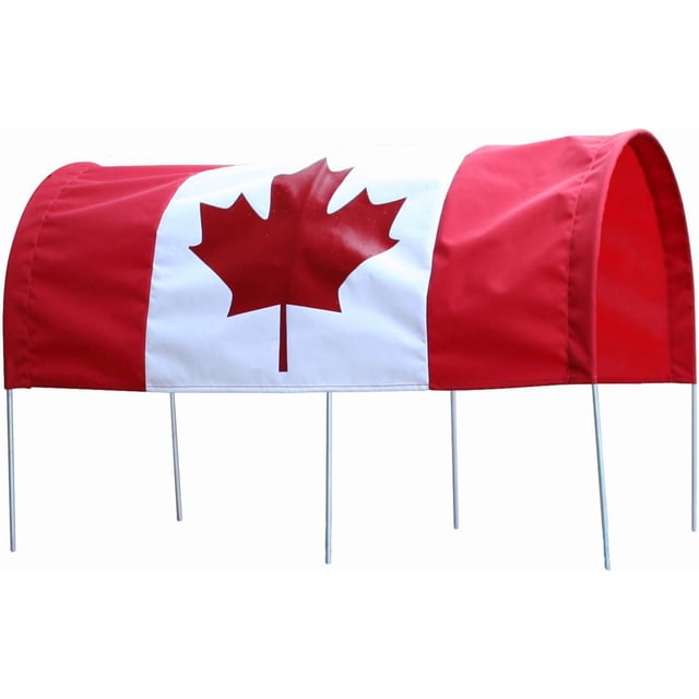 Millside Canadian Flag Canopy for 20" x 38" wagon with a water-repellent red and white denier nylon cover featuring a central red maple leaf, supported by six metal poles, designed to fit Millside 1500 series wagons with corner brackets and provide sun and weather protection.