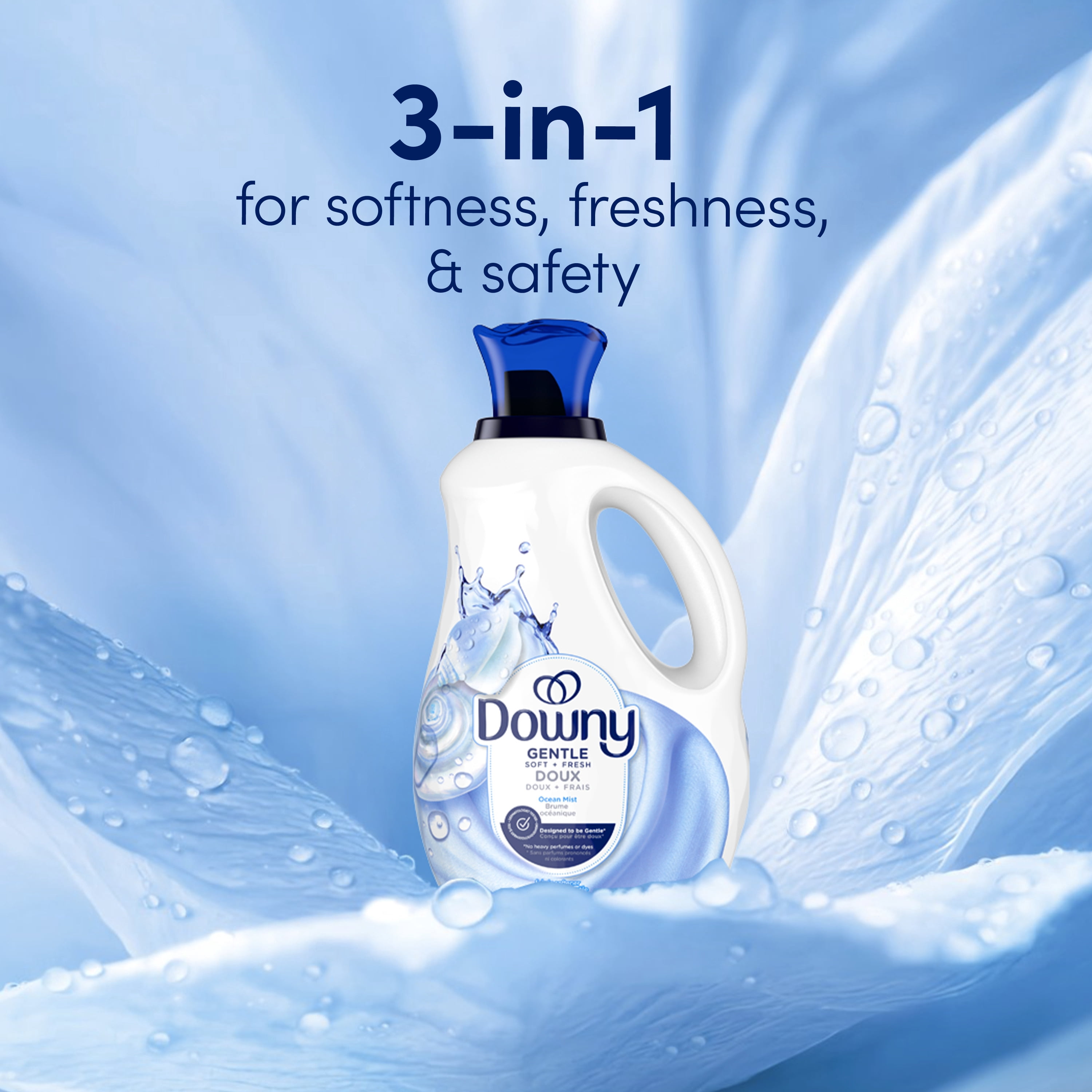 Assouplissant textile liquide Downy Doux et Frais, parfum Brume océanique, assouplissant textile liquide conçu pour être doux pour la peau, 138 brassées, 2,76 L