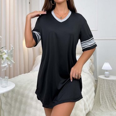 Chemises de Nuit pour Femmes, Robe Ample Col en V Vêtements de Maison Manches Courtes Vêtements de Nuit Robe Courte Chemises de Nuit
