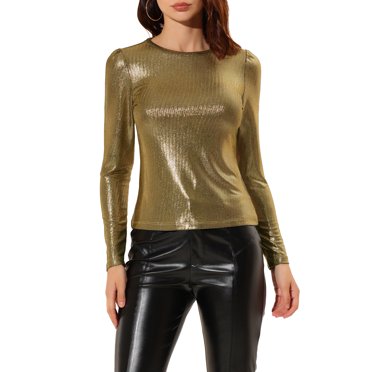 INSPIRE CHIC Haut Brillant d'Halloween pour Femme à Manches Longues, Col Rond, Coupe Régulière, Blouse de Soirée Scintillante m Noir Or