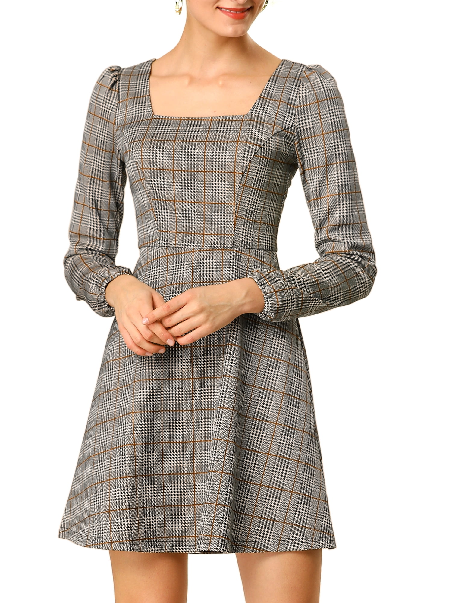 INSPIRE CHIC Women's Fall Square Neck Long Sleeves a-Line Plaids Dress XL Brown