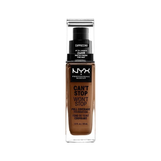 Fond de Teint Couvrance Totale Can't Stop Won't Stop, 30 ml par NYX Professional Makeup en Teinte Cappuccino, Bouteille en Verre Rectangulaire Transparente avec Pompe Noire et Bouchon, Fond de Teint Liquide Fini Mat Imperméable Offrant une Couvrance Totale et un Port 24 Heures pour Maquillage du Visage.