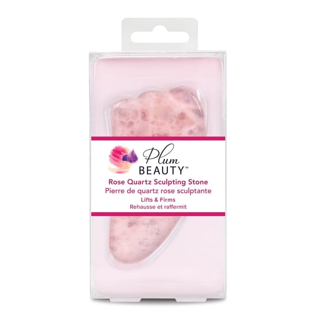 Rose Quartz Gua Sha Stone by Plum Beauty in clear plastic packaging with a white and pink label, featuring a pink marbled quartz stone designed for facial massage to lift, firm, and improve skin elasticity, ideal for spa and skincare use.