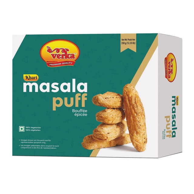 Verka Khari Masala Puff, 350g box with teal and white packaging showing the Verka logo and a stack of five light brown, flaky, layered puff pastries. This 100% vegetarian Indian savory snack is made from refined wheat flour and spices, traditionally enjoyed with hot chai. Net weight 350 g (12.35 oz).