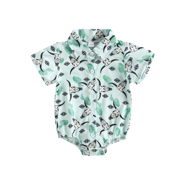 Fortune Infant Boy Cow Print Romper Baby Short Sleeve Button Up Shirt Bodysuit