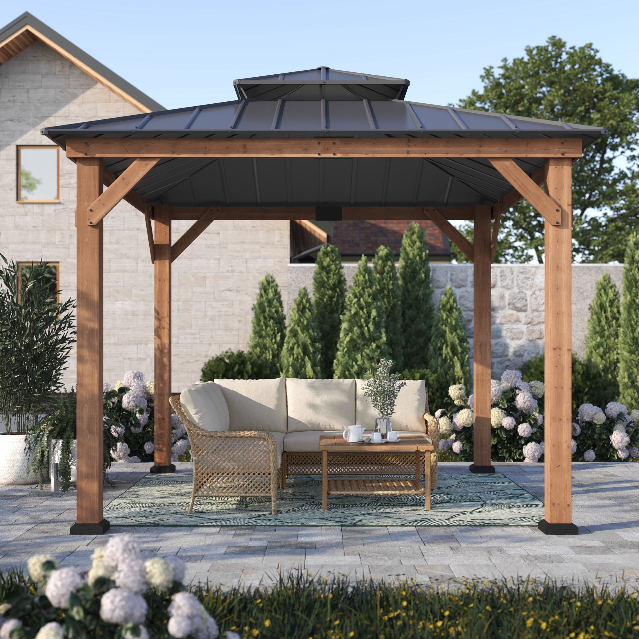 Abri de jardin carré en cèdre à toit rigide HOMETRENDS, 3,3 m x 3,3 m, noir