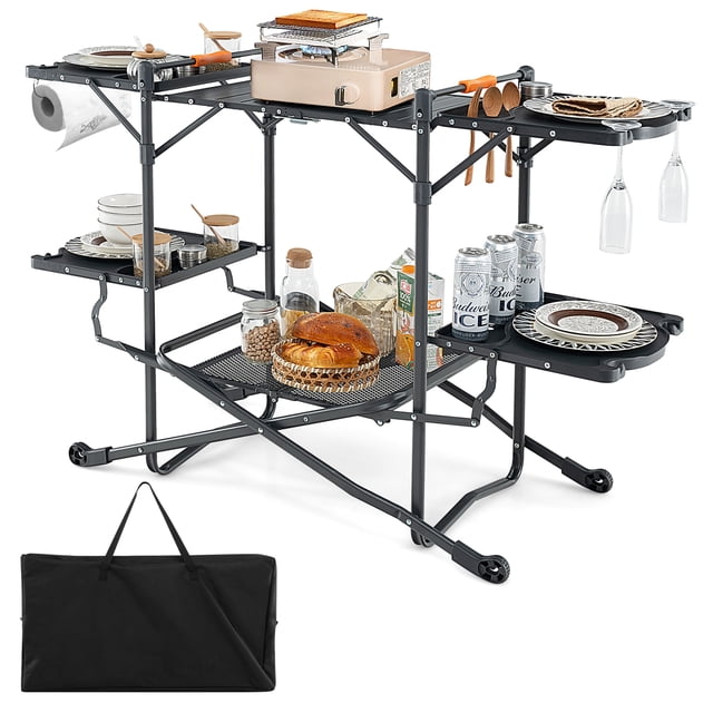 Patiojoy Table de Cuisine de Camping Pliable Station de Cuisson Extérieure avec 4 Tables d'Appoint Étagère de Rangement