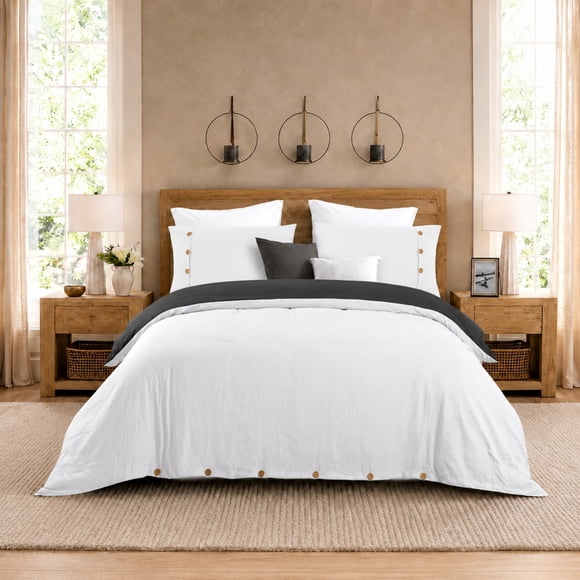 Swift Home Reversible Ultra Soft Solid Duvet Cover Set with Decorative Button Closure, Queen, White