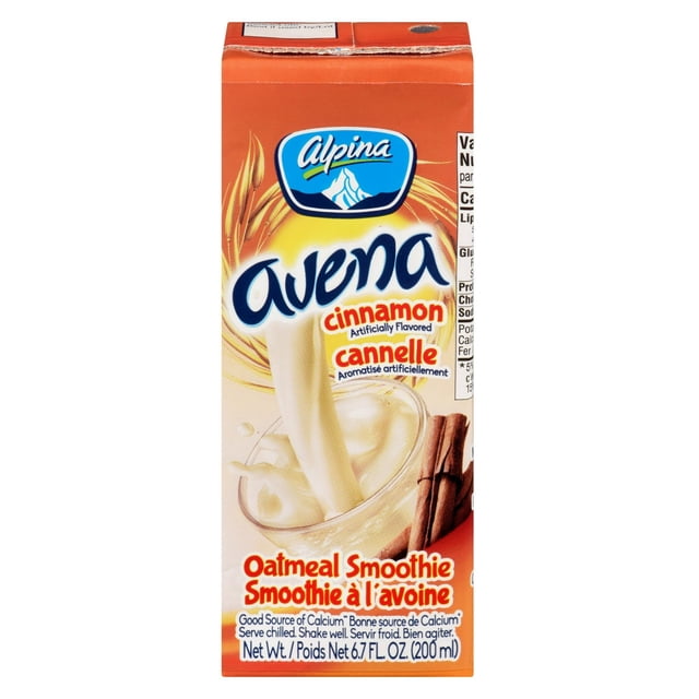 Alpina Oatmeal cinnamon smoothie 200 ml carton with orange packaging featuring the Alpina logo, oats and cinnamon stick illustrations, a creamy calcium-rich South American staple beverage blending oats and milk, ideal for a balanced breakfast.