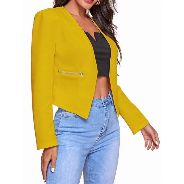 Women'S Short Blazer, Work/Casual Long Sleeve Front Opening Jacket with Pockets Yellow L