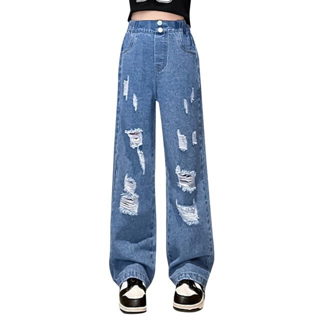 LYHaoo "Girls Fashionable Distressed Denim Jeans & Wide Leg Pants For Spring & Autumn" Wide Leg Pants Sizes 120 Blue
