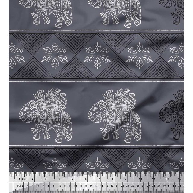 Soimoi Satin Silk Fabric Floral & Elephant Block Printed Fabric 1 Yard 42 Inch Wide