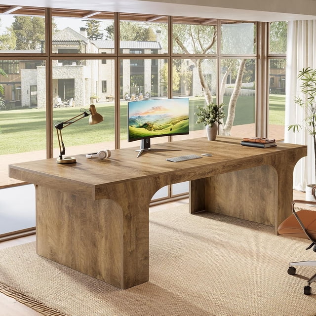 Tribesigns 70.9" Executive Office Desk, Large Workspace Computer Desk, Rustic Wooden Writing Table Simple Business Furniture with Arched Design for Home Office