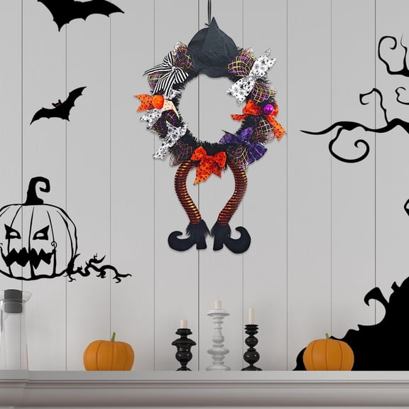 Leutsin Couronnes d'Automne pour Porte d'Entrée Extérieure en Liquidation, Décorations de Couronne d'Halloween, Pendentif de Couronne d'Halloween Couronne de Sorcière Jambes Suspendues Ruban de Fleurs Artificielles Nœud Ornement Guirlande de Porte Fantôme