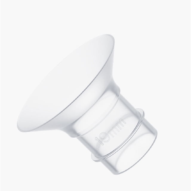 Momcozy 19mm flange insert for S9 Pro/S12 Pro breast pump, clear BPA-free silicone accessory with smooth funnel shape and embossed 19mm size marking, designed for comfortable and efficient pumping in breastfeeding accessories.