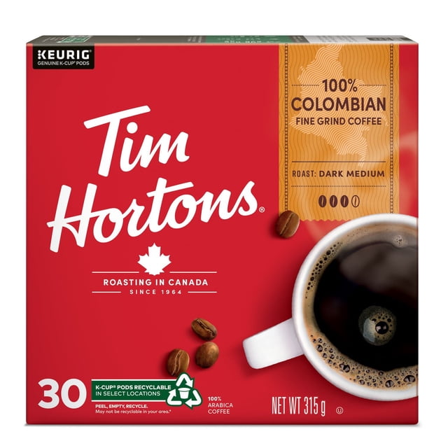Tim Hortons 100% Colombian Dark-Medium Roast Coffee Pods, Single-Serve K-Cups, Keurig Compatible, Smooth, Well Balanced, and Crisp Flavour, 30 Count