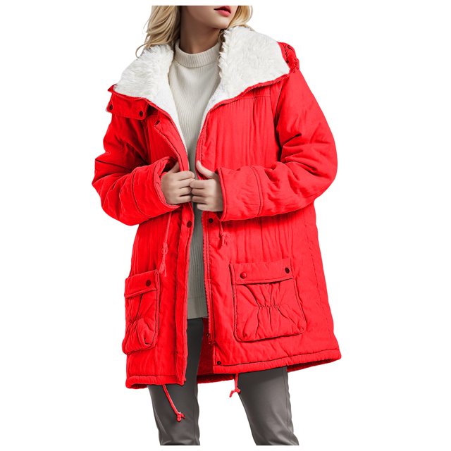 HBFAGFB Winter Jackets for Women Thick Warm Plush Lapel Adjustable Drawstring Hem Coat Red Size M