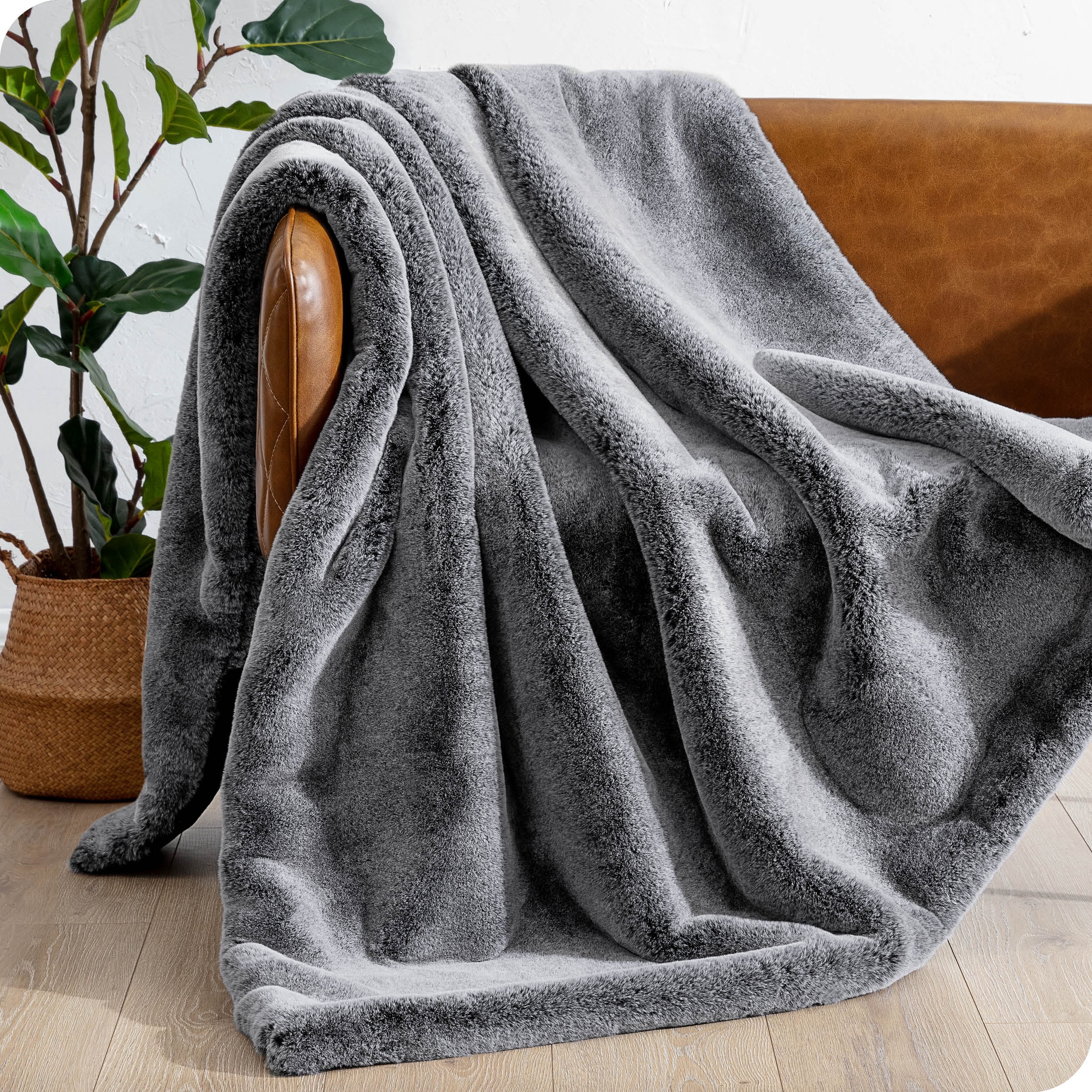 Bare Home Faux Fur Blanket - 47" x 60" - Ultra Soft Fleece - Throw, Variegated Gray