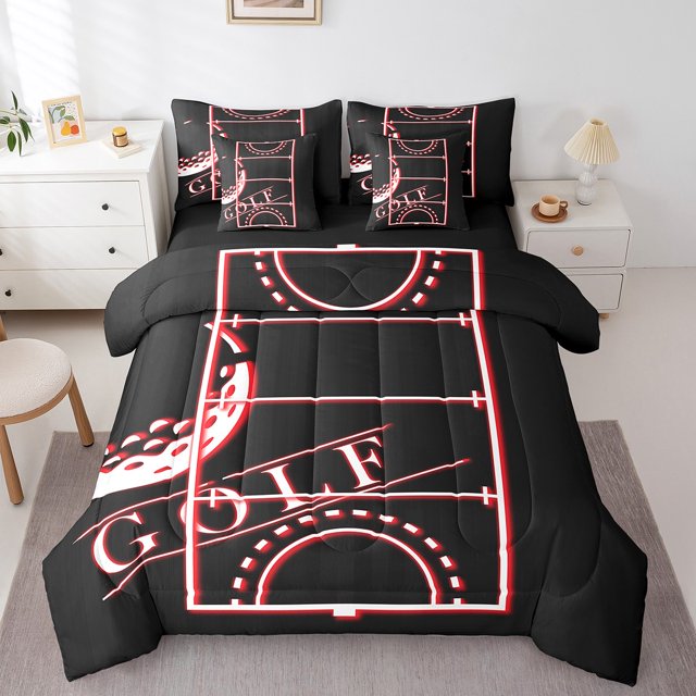 YST Ensemble de Literie Sport avec Couette, 7 Pcs, Thème Sportif, Format Double, Noir et Rouge