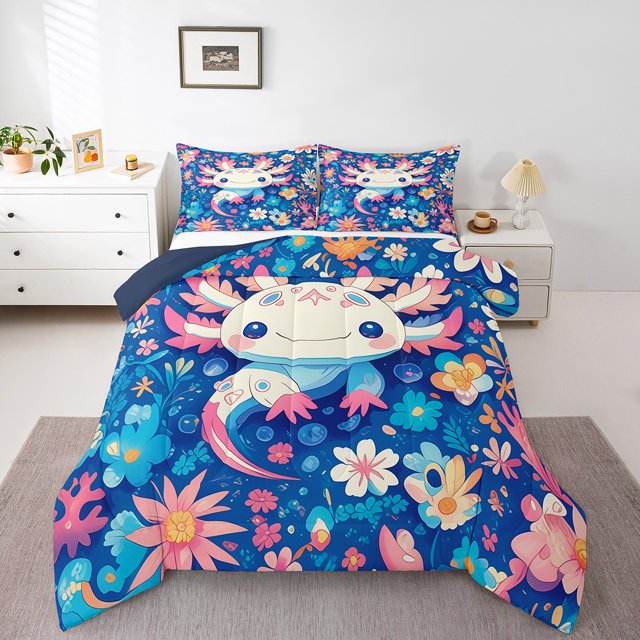 Cute Axolotl Comforter Set Queen Size Animal Theme Bedding Sets Fantasy Blue Bedding Comforter Sets Blue Axolotl Pattern Down Comforter Cartoon Ocean Animal Axolotl Duvet Set