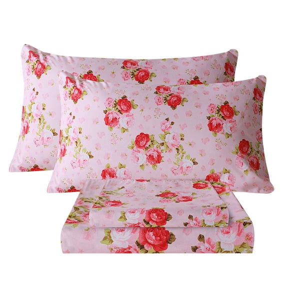Bedlifes Full Sheet Set Ultra Soft, Breathable, Silky Flower Deep Pocket 100% Microfiber Bedding, 4 Piece Full Size Pink Floral(Red Rose)