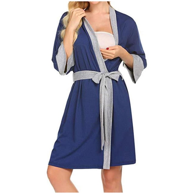 Discount Bonanza maternity robe in soft terry fabric, featuring a navy blue body with grey trim and a tie closure. Designed for postpartum comfort and easy nursing access, this breathable and quick-dry robe has 3/4 sleeves and a loose fit, ideal for casual wear or lounging. Suitable for all seasons.