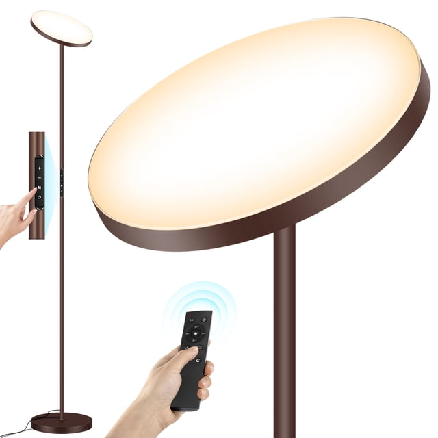 OUTON Sky LED Torchiere Floor Lamp with Remote Control Super Bright 4 Color Temperature Dimmable Lamp for Living Room, Brown