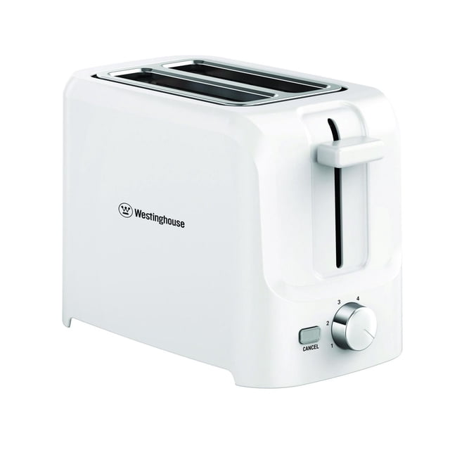 Westinghouse 2 Slice Toaster in white with injection-molded body, two wide slots, chromed browning dial with six time settings, white loading lever, cancel button with indicator light, and auto power cut-off for safe, precise toasting.