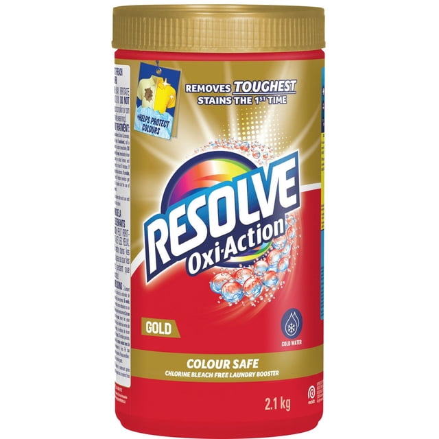 RESOLVE en Poudre à Laver - Action Oxi Dorée dans un Contenant Rouge et Or avec Couvercle Doré, Mettant en Vedette le logo RESOLVE et le Texte Indiquant Qu'il Élimine les Taches les Plus Tenaces du Premier Coup. Cet Rehausseur de Lessive Sans Javellisant au Chlore Est Sûr pour les Couleurs, Convient au Lavage à l'Eau Froide, et Pèse 2,1 kg.