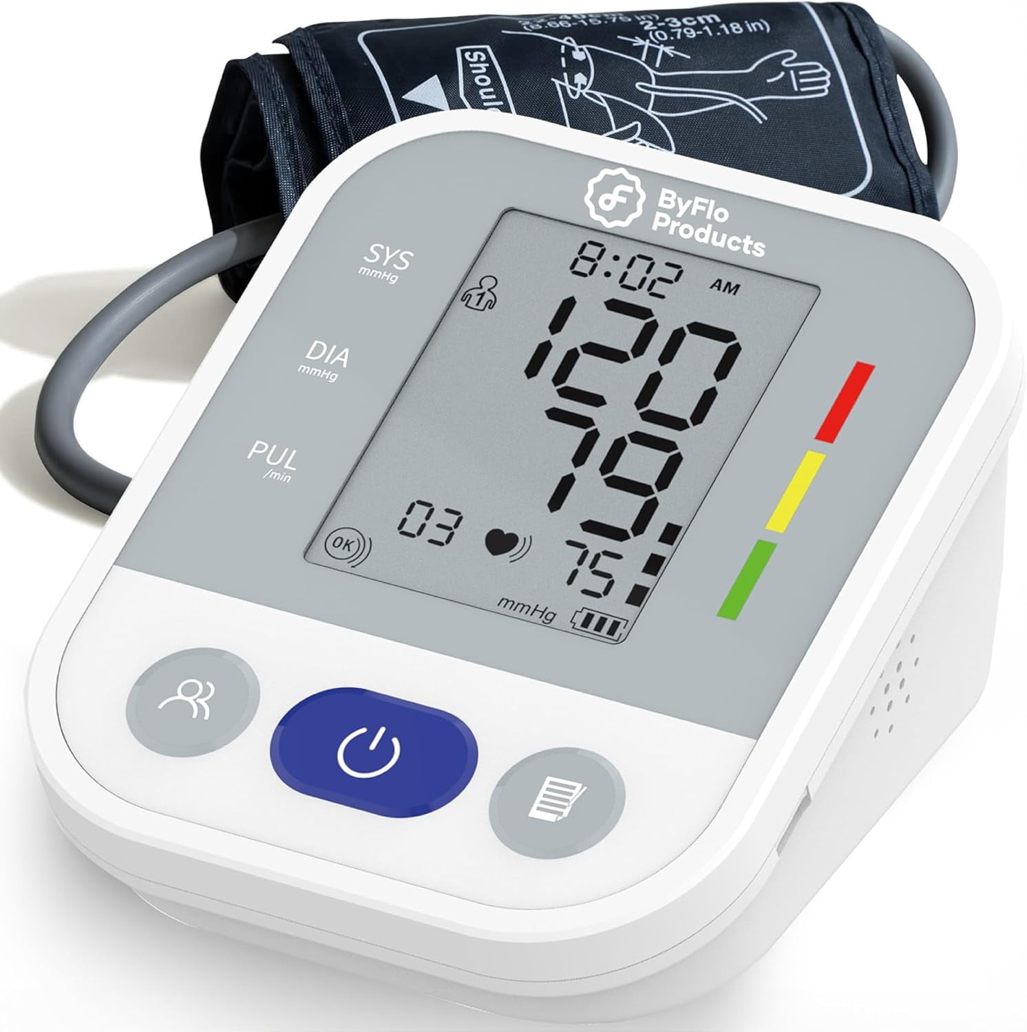 ByFloProducts Automatic Upper Arm Blood Pressure Monitor for Home Use with Heart Rate Monitor, Adjustable 22–42 cm Cuff, 2×99 Memory, Large LCD Display, Includes 4 AAA Batteries