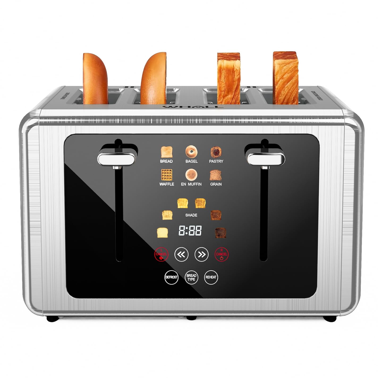 Whall 4-Slice Smart Toaster with Touchscreen & Extra-Wide Slots, Dual Independent Control, 6 Browning Levels & 6 Bread Types, Memory Function,Countdo