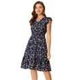 thumbnail image 1 of INSPIRE CHIC Robe pour Femme à Fleurs Manches Volantées Col en V Décontractée Smockée à Volants Robes m Bleu Marine, 1 of 6