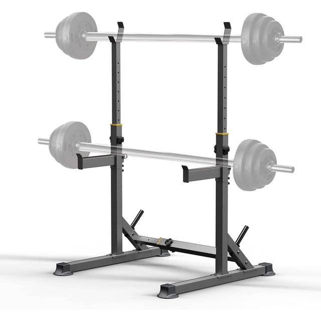 K KiNGKANG Squat Rack, Bench Press Rack Push Up Multi-Function Barbell Rack for weight lifting and home gym equipment. Designed with adjustable height (13 positions from 33.8” to 65.5”), adjustable width (6 levels from 28” to 47”), and a 440lb weight capacity. Includes sturdy non-slip pads for secure indoor and outdoor use, ideal for gym storage and barbell exercises.