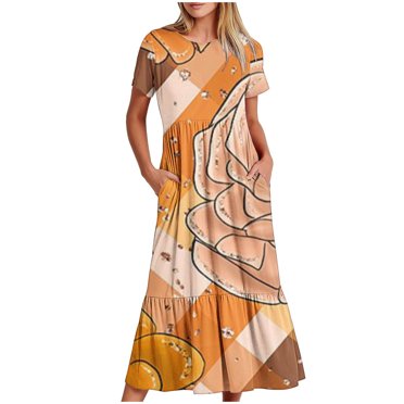 Pisexur Robes d'Été de Plage pour Femmes Décontractées à Fleurs à Manches Courtes Boho Robe Maxi à Fleurs Col Ras du Cou Smockée à Étages Fluide Longues Robes