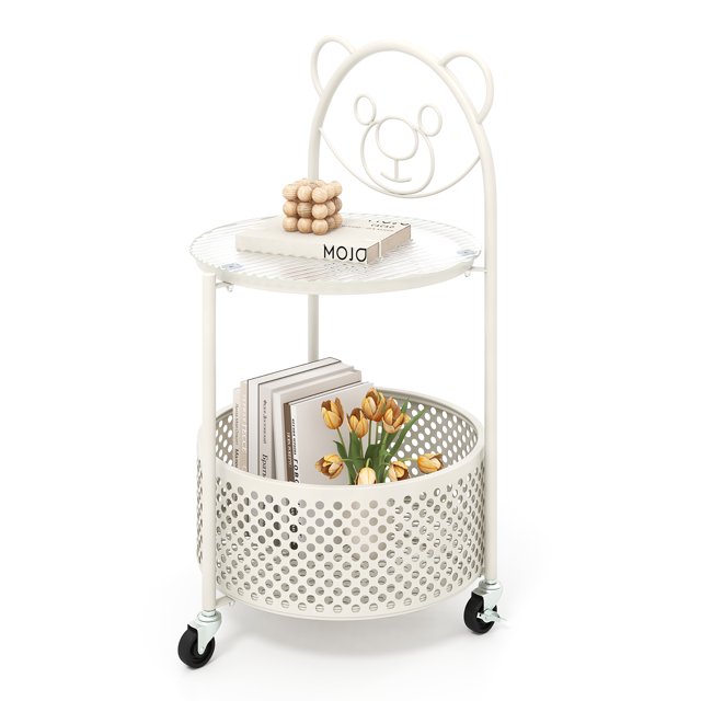 Gymax 2-Tier Mobile Glass Coffee Table w/ Bear Pattern Storage Basket Transparent & White