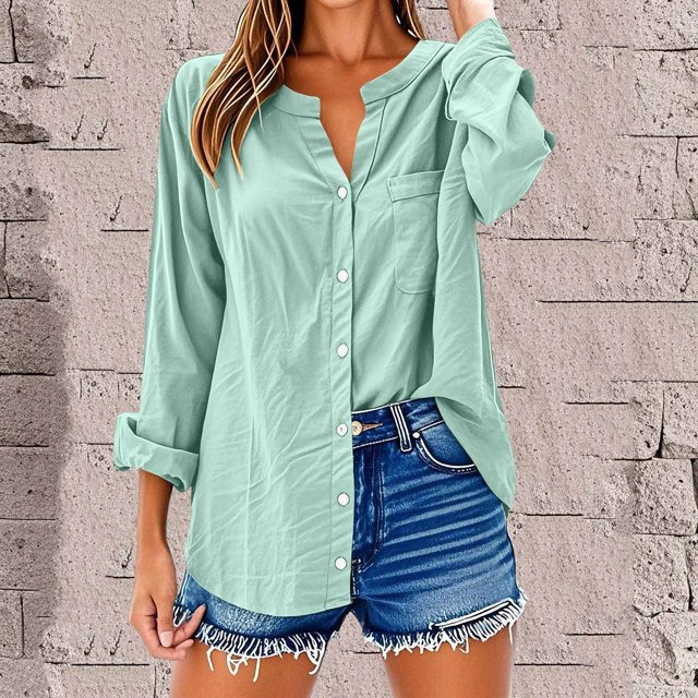 Wensltd V-Neck Long Sleeve Shirts for Women Loose Button Linen Tunic Summer Blouse With Pocket